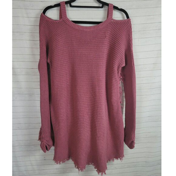 FREE PEOPLE MOONSHINE WAFFLE KNIT COLD SHOULDER SWEATER IN MAUVE, SZ SMALL - Picture 8 of 14